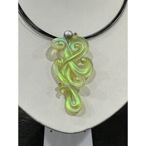 Happiness Pâté De Verre Glass Pendant Pearl Rubies Set 14K by Gregory Burgard LE